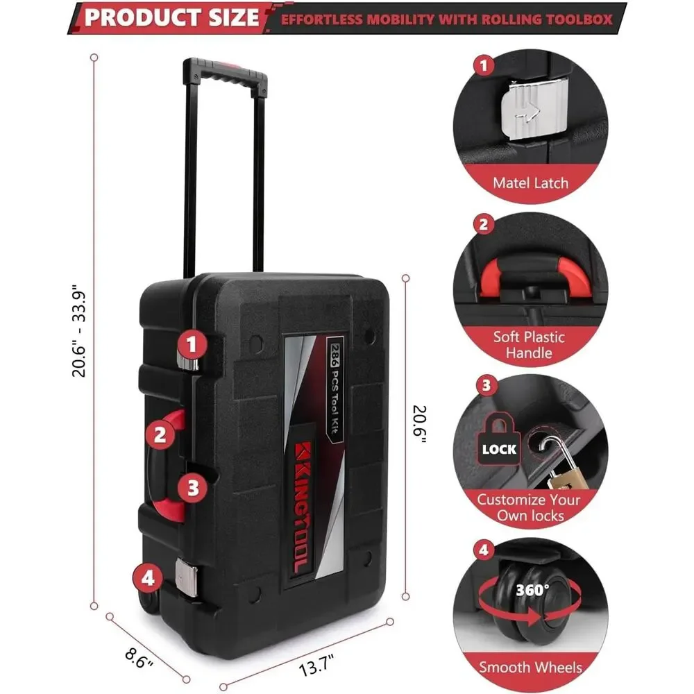 286pc KINGTOOL Home Auto Mechanic Repair Tool Set Kit with Rolling Box 21V Drill